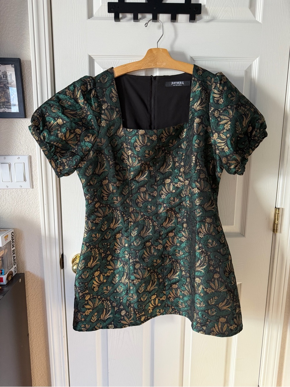 Disturbia Green and Gold Brocade Puff-Sleeve Dress